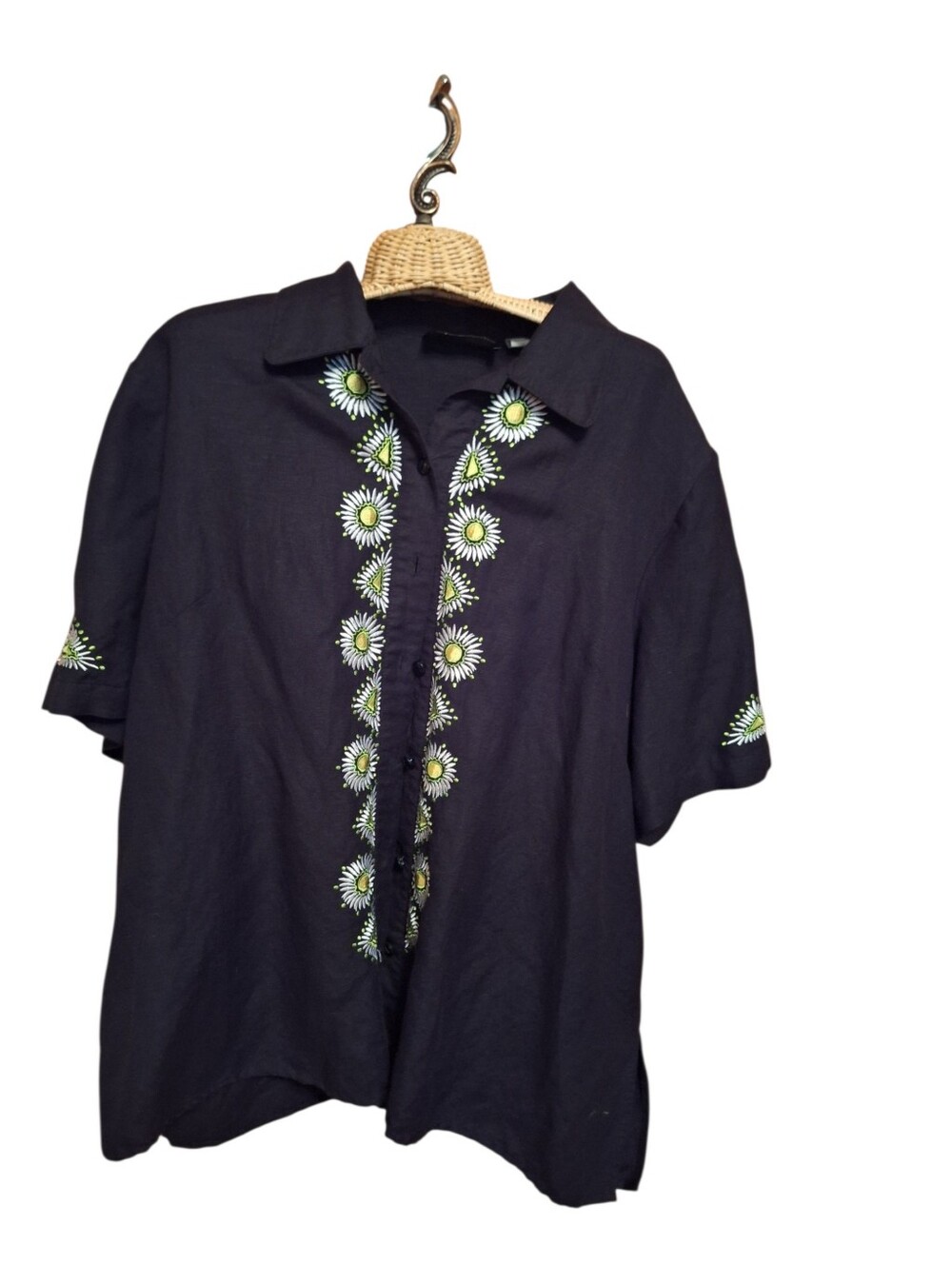 Bob Mackie Wearable Art  QVC Daisy Floral Button Up Shirt Ladies XL Linen Blend